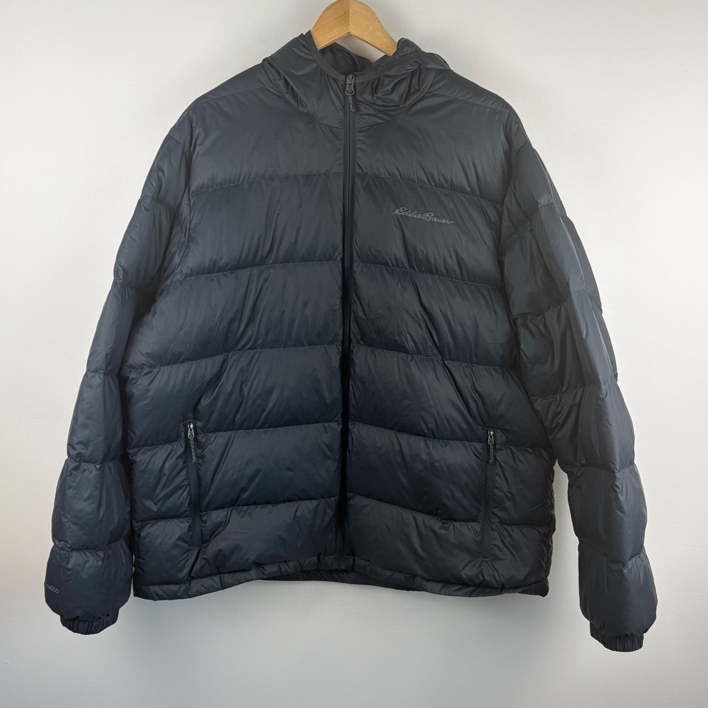 Eddie Bauer‎ Mens Wide Channel Hooded Down Jacket Navy Blue 650 Fill XXL 1526048